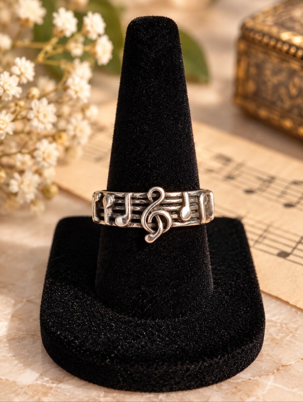Vintage Sterling Silver Musical Notes Ring – Treble Clef Band – Size 7.5–8